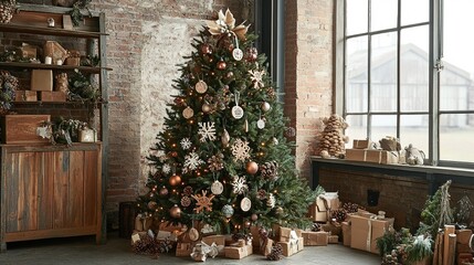 A rustic Christmas tree, adorned with handmade wooden decorations.