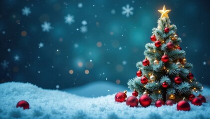 Obraz premium Winter wonderland Christmas tree background with snowflakes and ornaments, snowy, Christmas tree, ornaments