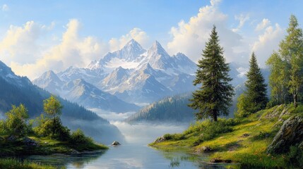 A serene landscape featuring majestic mountains, a clear lake, and lush greenery, evoking tranquility and the beauty of nature.