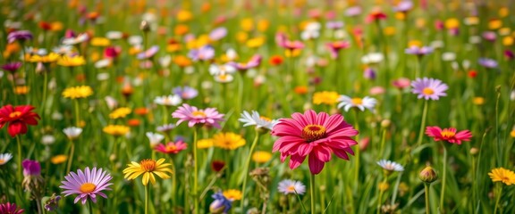 Fototapeta premium Vibrant spring and summer flowers in a field, meadow, and garden setting, decorations, white
