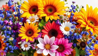 Fototapeta premium Vibrant spring floral arrangement with sunflowers, daisies, crocuses, chamomile, and bluebells Plenty of copy space, empty space, sunflower