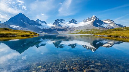Snow-Capped Mountains Reflecting in a Clear Lake for Majestic Landscapes, Nature Photography, or Serene Wilderness Scenes
