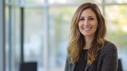 Professional woman with a warm smile in a bright office environment, showcasing approachability and success in her career. 