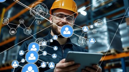 Warehouse Operator at Work: A focused warehouse worker in a hard hat is at work, surrounded by holographic elements suggesting modern warehousing and efficient inventory management.