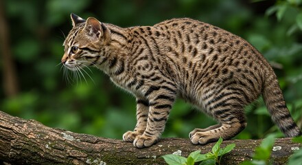 Fototapeta premium A striking close-up of a black-footed cat perched on a mossy branch. The world’s smallest wild cat, known for its beautiful spotted coat and nocturnal nature. 
