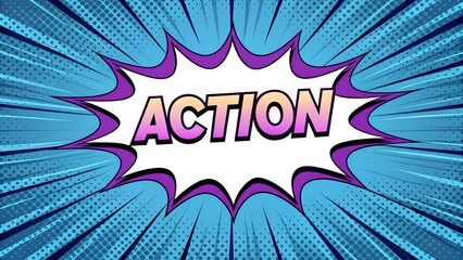 Pop-art comic speech bubble with the word ‘Action’ in italic font and burst design in blue to purple gradient with halftone effects and white stroke outline