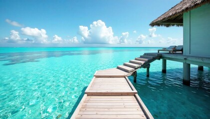 Steps leading into calm clear waters from a beachfront villa with overwater deck , stairs, beach, palm tree