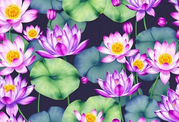 Fototapeta premium Watercolor purple lotus flowers in seamless pattern background illustration, textile, retro