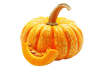 Obraz premium Lumina pumpkin with a green and cut slice stem isolated on white transparent background, great for autumn themes and decorations