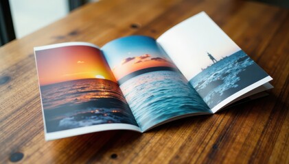 Triple fold brochure on wooden table , Office, Wooden table