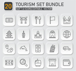 Neumorphism style tourism icon set collection for web and mobile application design