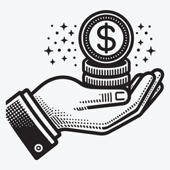 Cashback icon, return money, cash back rebate. Hand hold coin. E commerce and marketing.