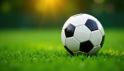 Fototapeta premium Close-up of soccer ball rolling on the wet grass , sport, wet