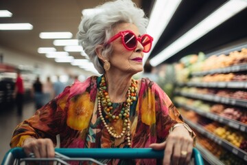 Fototapeta premium Senior woman shopping in grocery store wearing fashionable outfit and sunglasses