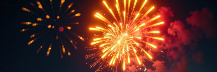 Vibrant yellow fireworks erupt in a kaleidoscope of colors, illuminating the night sky with intense heat and energy, night sky, vibrant yellow, hot sparks