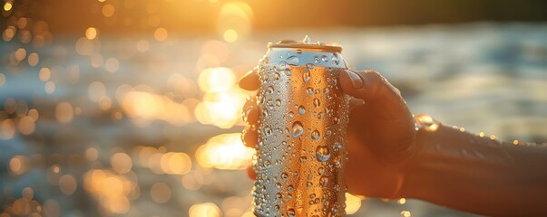 A hand holding a cold, refreshing can of drink against a shimmering water background during sunset, capturing the essence of summer relaxation.