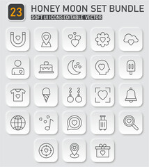 Honeymoon themed icon set bundle for ui design, vector symbols for romantic travel