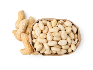 Peeled peanuts in paper bag and unpeeled ones isolated on white, top view