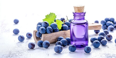 A bottle of purple essence surrounded by fresh blueberries and leaves on a rustic wooden scoop, creating a vibrant, inviting aesthetic.