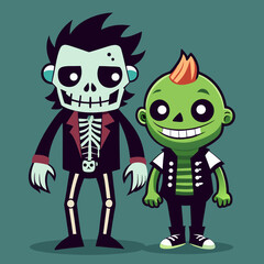 Cartoon Illustration of Zombie and Skeleton Friends on Halloween