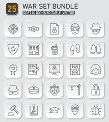 Line Icon Set Depicting Crime, Law Enforcement and Justice Concepts