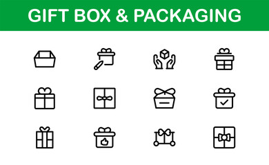 Professional Gift Box and Packaging Icon Set Vector Illustration. Most Useful Icons for Gift Wrapping, Boxes, and Packaging