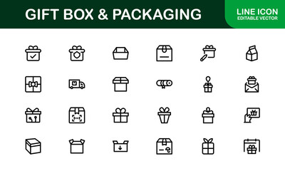 Professional Gift Box and Packaging Icon Set Vector Illustration. Most Useful Icons for Gift Wrapping, Boxes, and Packaging
