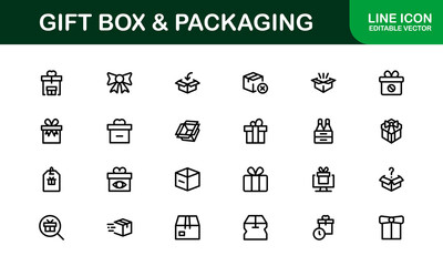 Professional Gift Box and Packaging Icon Set Vector Illustration. Most Useful Icons for Gift Wrapping, Boxes, and Packaging