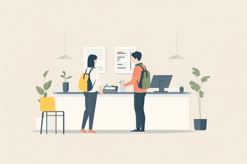 A modern workplace scene featuring two young professionals engaging in conversation at a reception desk, surrounded by plants and organizational tools.