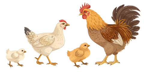 Various chickens isolated on transparent background