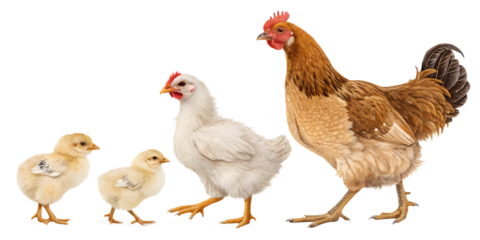 Various chickens isolated on transparent background