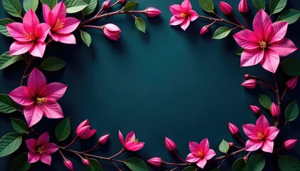 Fototapeta premium Vibrant fuchsia blossoms, intricate leafy vines , pink, floral