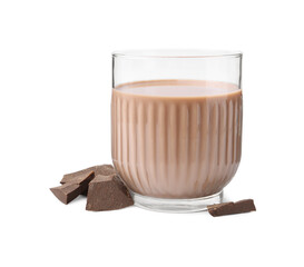 Tasty chocolate milk in glass and pieces of chocolate isolated on white