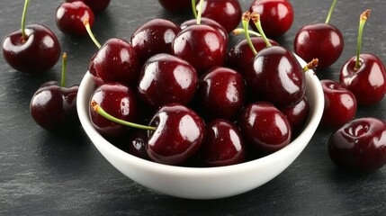Bowl of dark red cherries on gray tabletop with scattered fresh cherries around, central composition on black background with macro close-up, showing high-end quality and detailed juicy fruit concept.