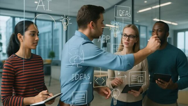 Team Collaboration: A dynamic team collaborating on futuristic project on a glass board, brainstorming ideas, envisioning a world of innovation, progress, and strategic planning.