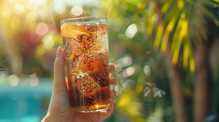 A refreshing glass of soda with ice, served outdoors in bright sunlight. Perfect for warm days, evoking relaxation and enjoyment in a vibrant atmosphere.