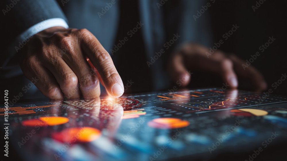 Poster man interacting with a glowing digital interface displaying charts and data analysis visuals