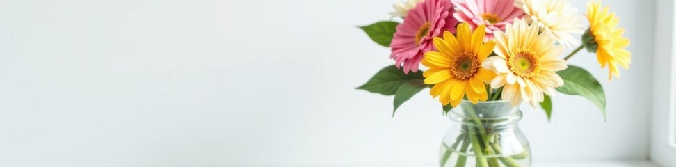 Fresh cut flowers in glass vase on white surface, bouquet, table decor