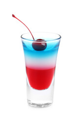 Layered cocktail in colors of American flag with cherry isolated on white