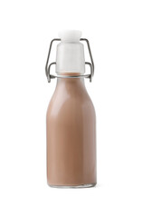 Tasty chocolate milk in glass bottle isolated on white