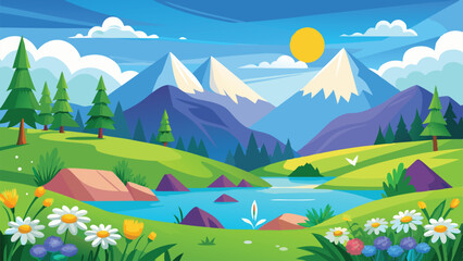 Fototapeta premium Desert landscape, vast sand dunes, golden sunset, orange sky, large sun, mountainous horizon, warm colors, stylized illustration, vector art, minimalist design, tranquil scene, barren wilderness, roll