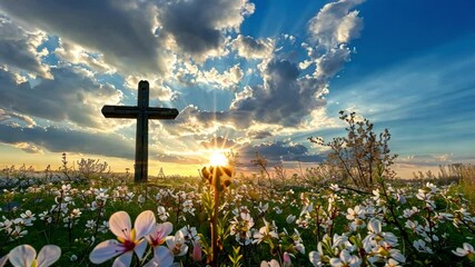 Serene landscape with wooden cross surrounded by blooming flowers under vibrant sunset sky, where sunlight filters through clouds, creating peaceful nature scene in spring.