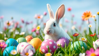 Fototapeta premium White rabbit amidst colorful Easter eggs in a spring meadow, blue sky backdrop Paper art style, holiday, cute
