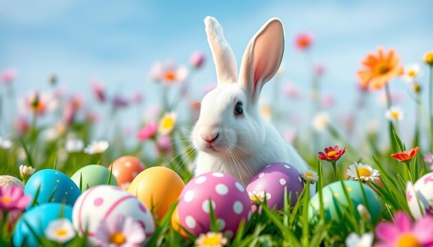 White rabbit amidst colorful Easter eggs in a spring meadow, blue sky backdrop Paper art style, holiday, cute