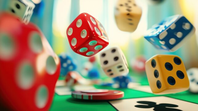 Colorful dice falling on a game board, chance, luck, gambling concept.