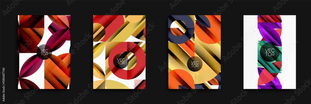 Aufkleber Abstract geometric designs dominate these four images. Vibrant colors, layered shapes create dynamic compositions. Modern aesthetic, vector illustrations suitable for backgrounds or branding.