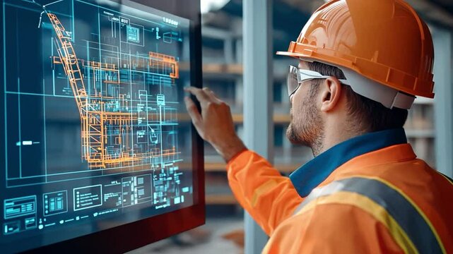 Construction Site Analysis: A skilled construction worker, clad in a hard hat and safety glasses, intently examines a detailed architectural plan displayed on a large computer screen.