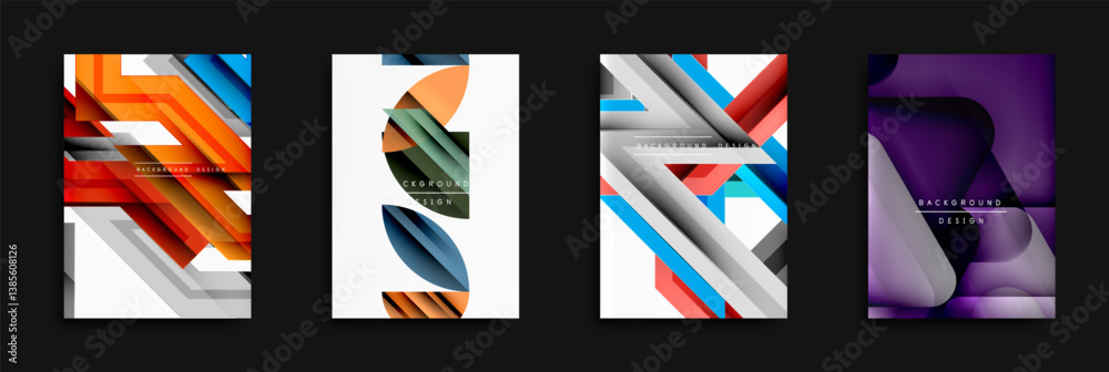 Poster abstract geometric designs showcase layered shapes, vibrant colors, dynamic compositions. modern bac