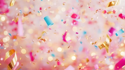 Confetti Cascade: A vibrant spectacle of colorful confetti, gracefully falling amid soft, glowing bokeh lights, celebrating a moment of joy, festivity, and celebration.