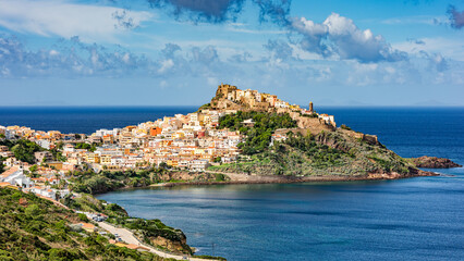 Panoramic view of medieval town of Castelsardo, Province of Sassari, Sardinia, Italy, Europe.